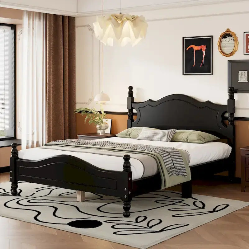 Estructura de cama de plataforma retro de madera blanca/negra - Matrimonial y Queen, 1 persona / 2 personas