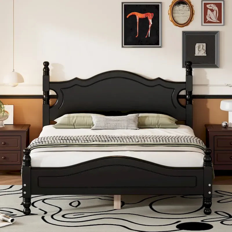 Estructura de cama de plataforma retro de madera blanca/negra - Matrimonial y Queen, 1 persona / 2 personas