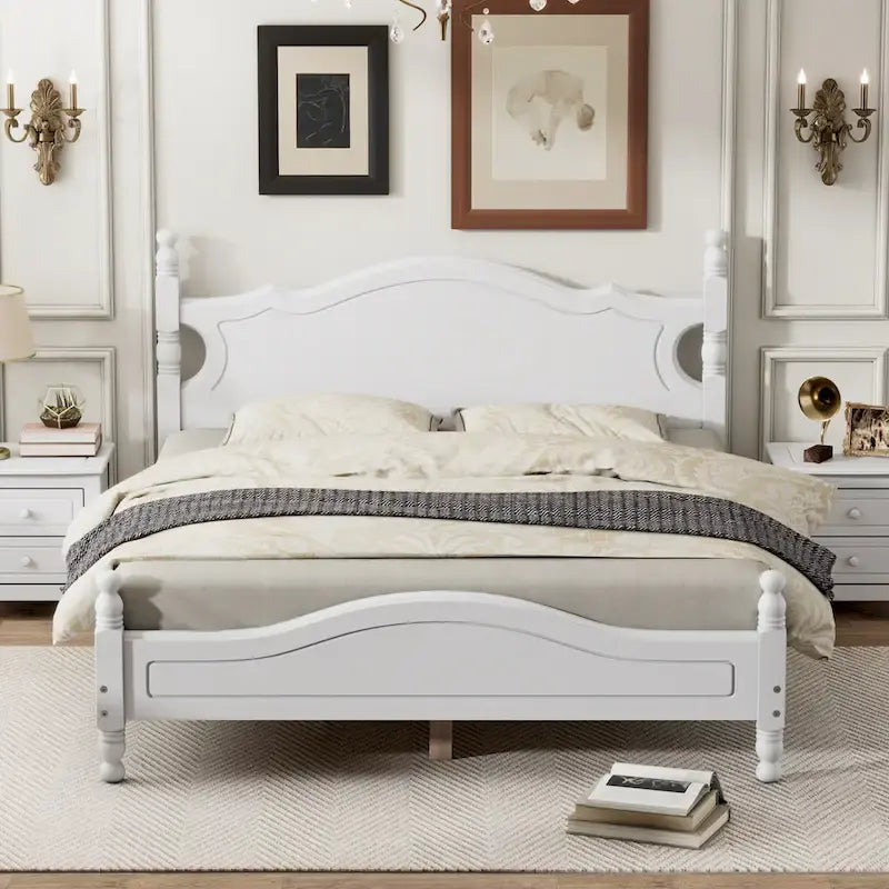 Estructura de cama de plataforma retro de madera blanca/negra - Matrimonial y Queen, 1 persona / 2 personas