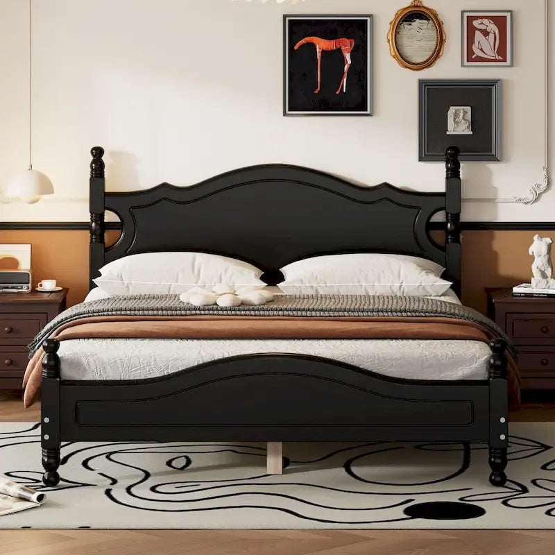Estructura de cama de plataforma retro de madera blanca/negra - Matrimonial y Queen, 1 persona / 2 personas