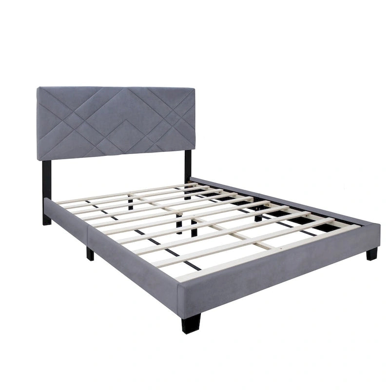 Estructura de cama Queen size tapizada en terciopelo gris con cabecero, para 2 personas