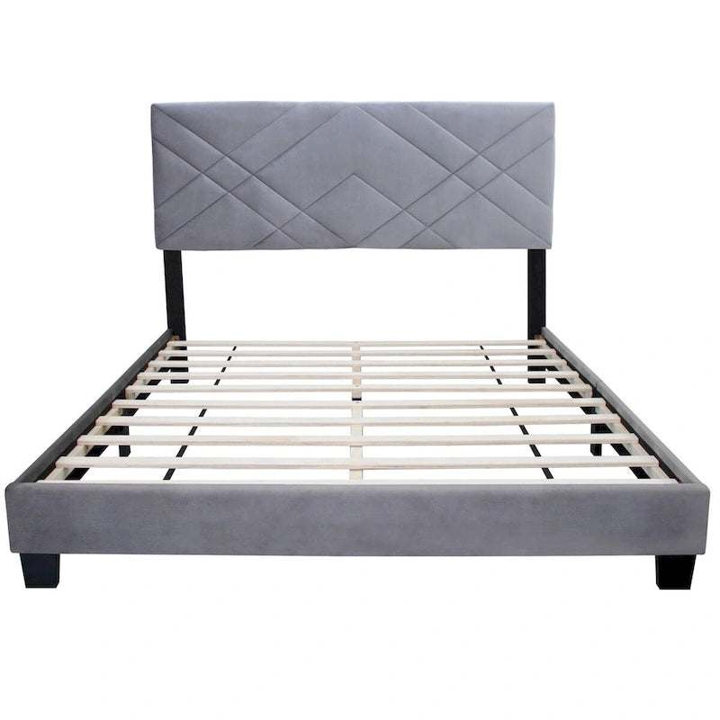 Estructura de cama Queen size tapizada en terciopelo gris con cabecero, para 2 personas