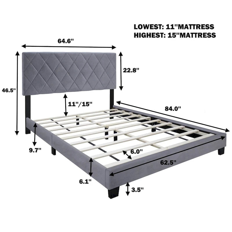Estructura de cama Queen size tapizada en terciopelo gris con cabecero, para 2 personas