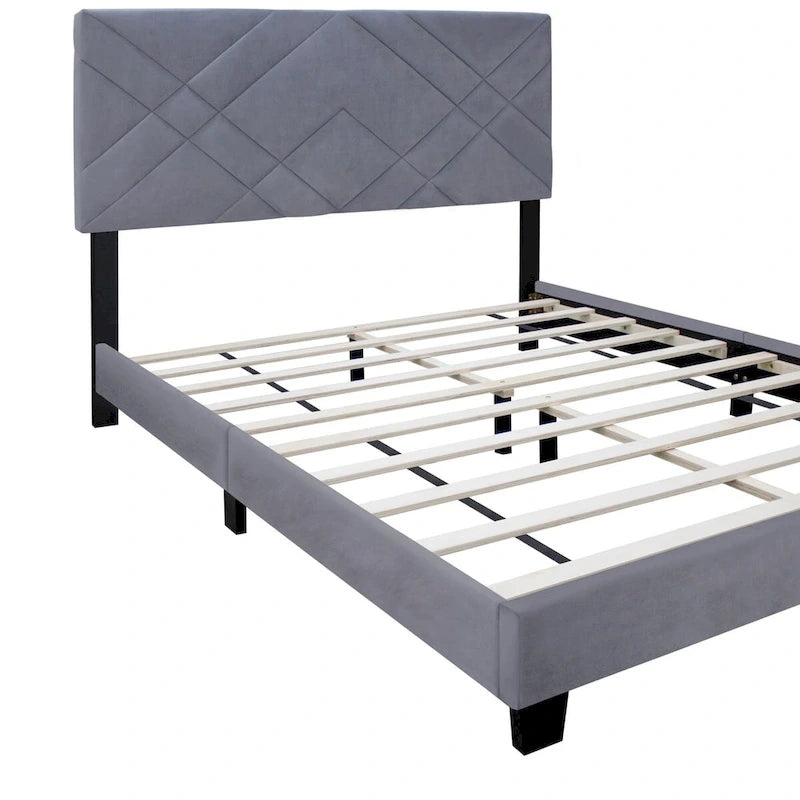 Estructura de cama Queen size tapizada en terciopelo gris con cabecero, para 2 personas