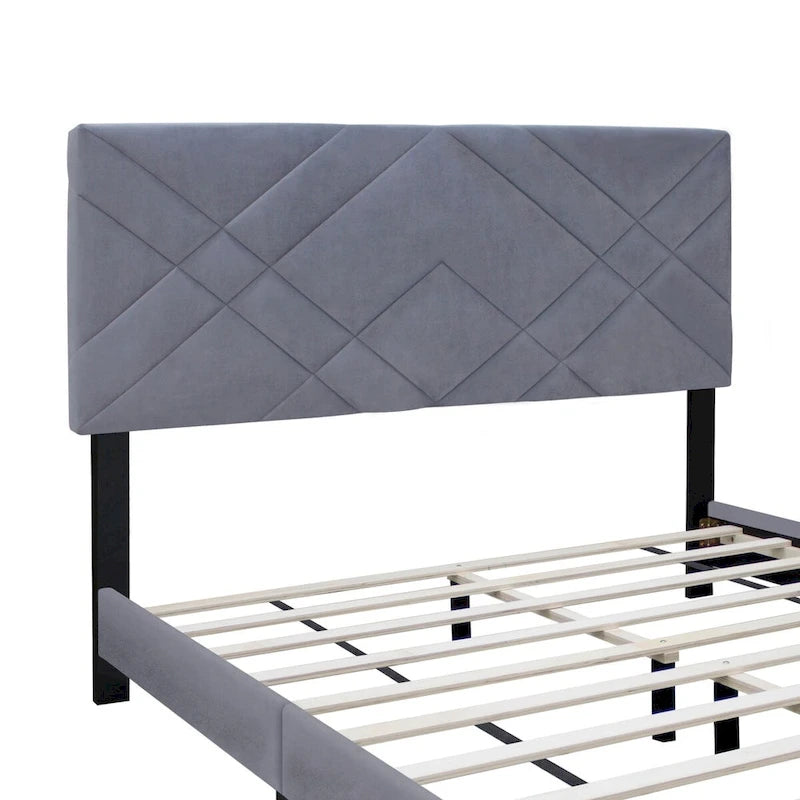 Estructura de cama Queen size tapizada en terciopelo gris con cabecero, para 2 personas