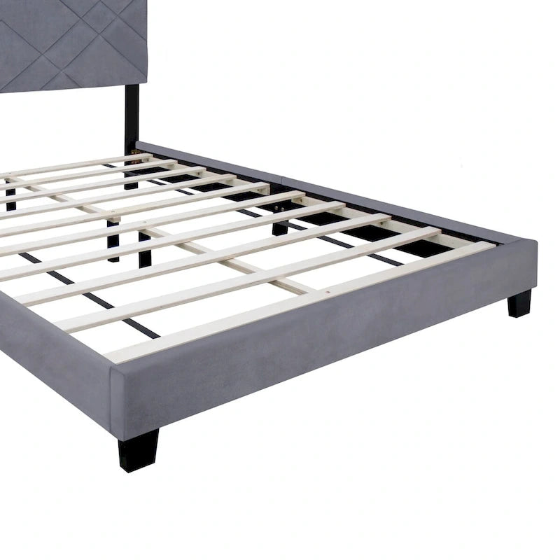 Estructura de cama Queen size tapizada en terciopelo gris con cabecero, para 2 personas
