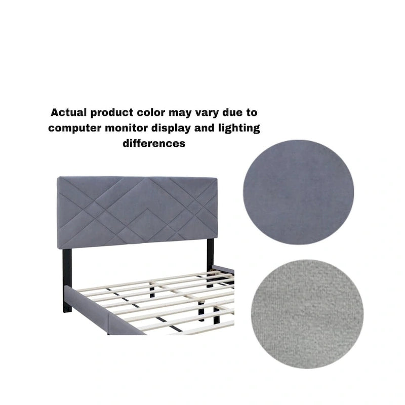 Estructura de cama Queen size tapizada en terciopelo gris con cabecero, para 2 personas
