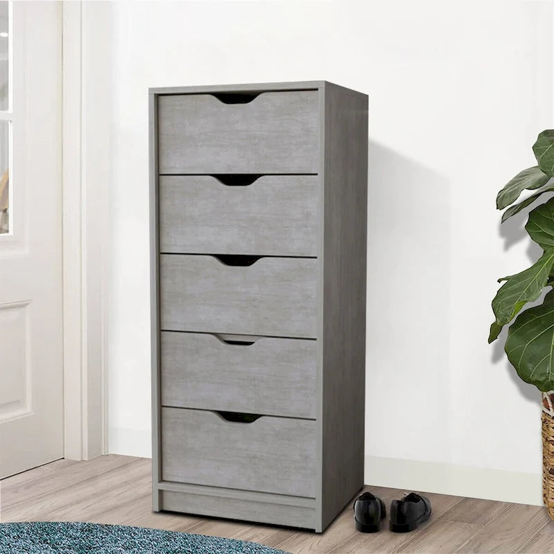 Cómoda vertical de 5 cajones, estilo vintage – Gris roble ahumado / Gris, Montaje para 1 persona