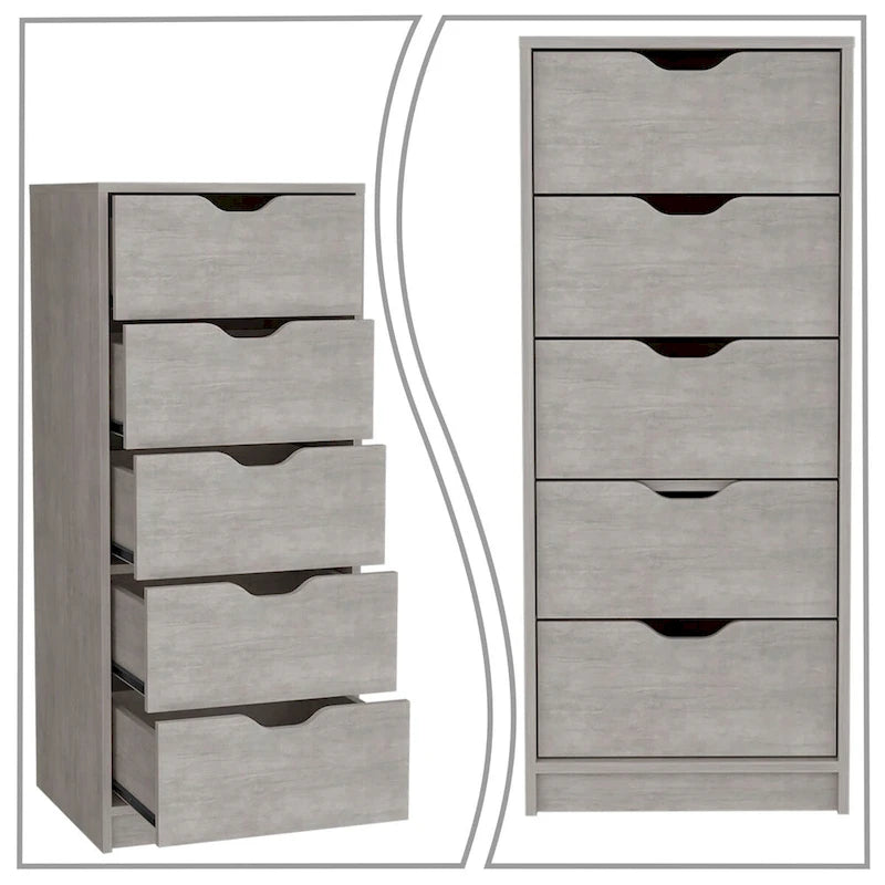 Cómoda vertical de 5 cajones, estilo vintage – Gris roble ahumado / Gris, Montaje para 1 persona