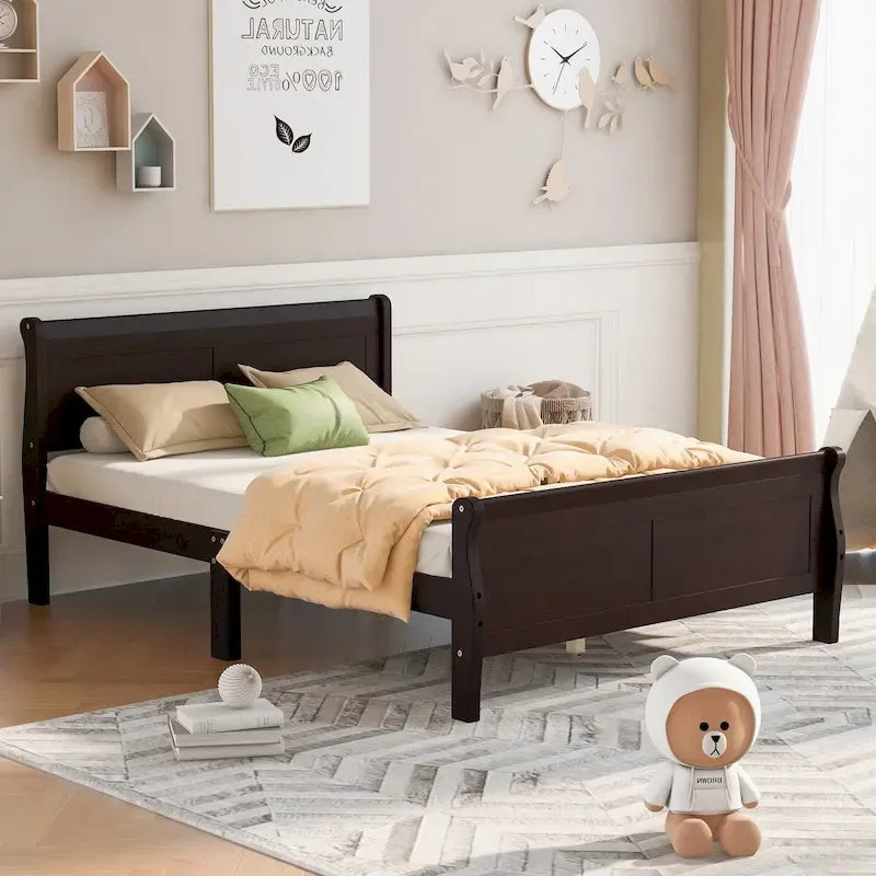 Cama de plataforma Queen con cabecero y pie de cama – Espresso / Roble