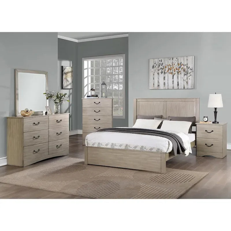 Cama Queen Cerezo / Marrón Claro – Cabecero de 2 paneles, estructura de madera, capacidad para 1 o 2 personas