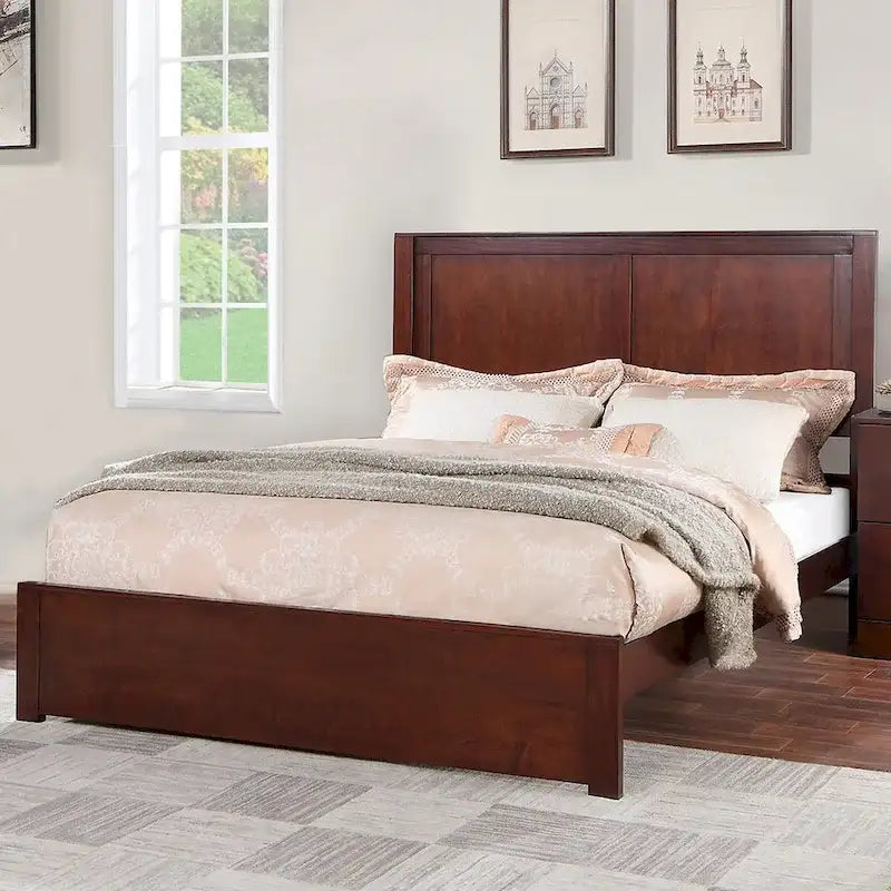 Cama Queen Cerezo / Marrón Claro – Cabecero de 2 paneles, estructura de madera, capacidad para 1 o 2 personas