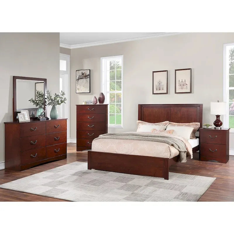 Cama Queen Cerezo / Marrón Claro – Cabecero de 2 paneles, estructura de madera, capacidad para 1 o 2 personas