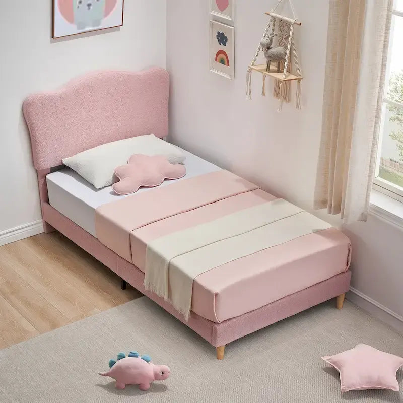 Cama Plataforma Sherpa Rosa / Azul / Beige con Cabecero – Individual (1 Persona)