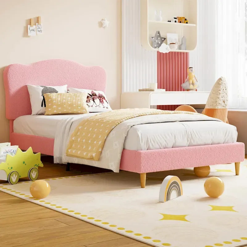 Cama Plataforma Sherpa Rosa / Azul / Beige con Cabecero – Individual (1 Persona)