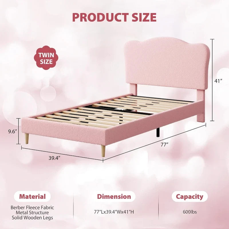 Cama Plataforma Sherpa Rosa / Azul / Beige con Cabecero – Individual (1 Persona)