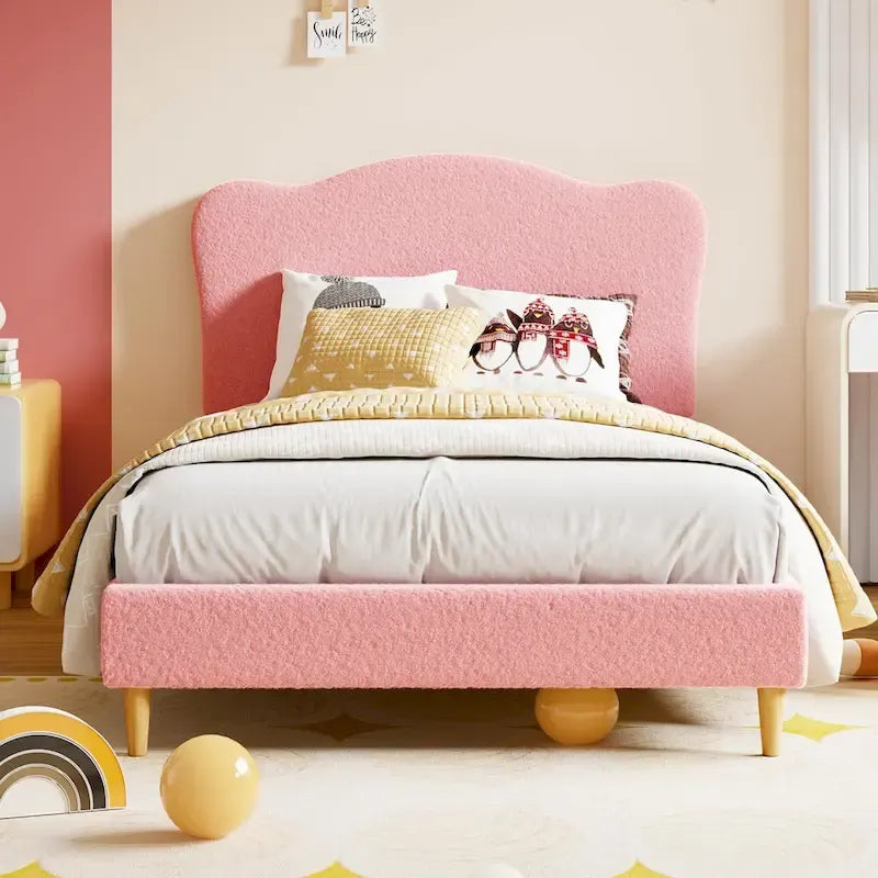 Cama Plataforma Sherpa Rosa / Azul / Beige con Cabecero – Individual (1 Persona)