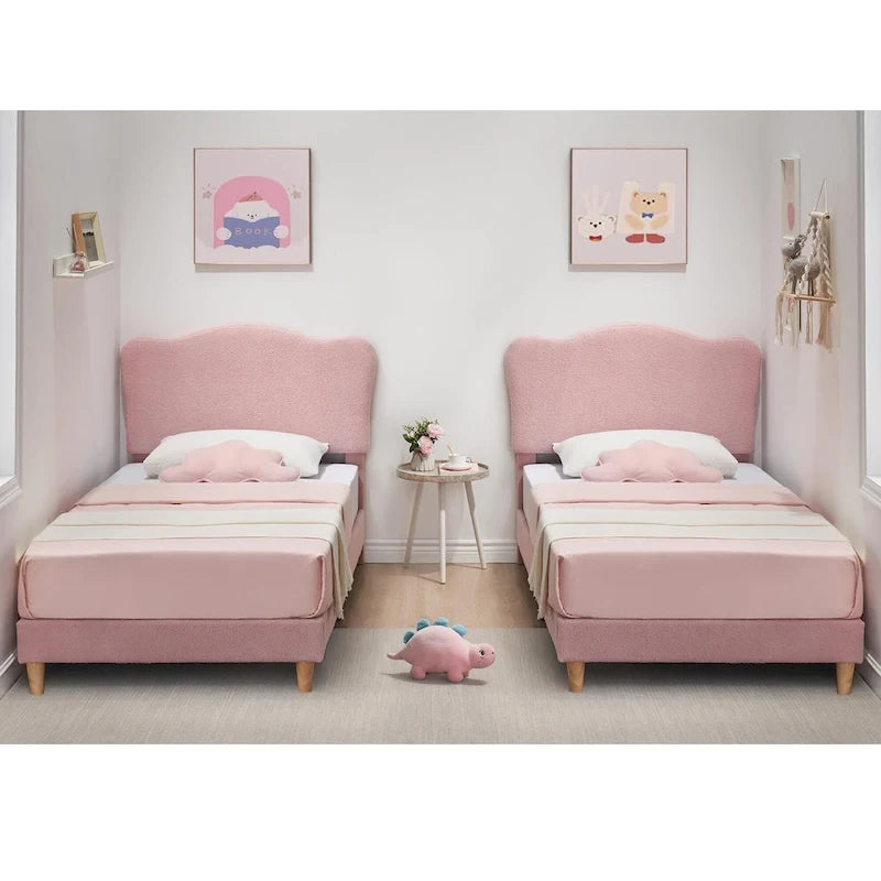 Cama Plataforma Sherpa Rosa / Azul / Beige con Cabecero – Individual (1 Persona)