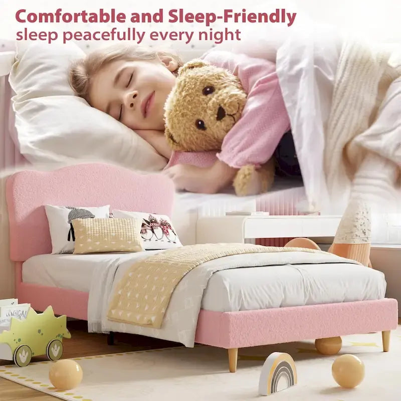 Cama Plataforma Sherpa Rosa / Azul / Beige con Cabecero – Individual (1 Persona)