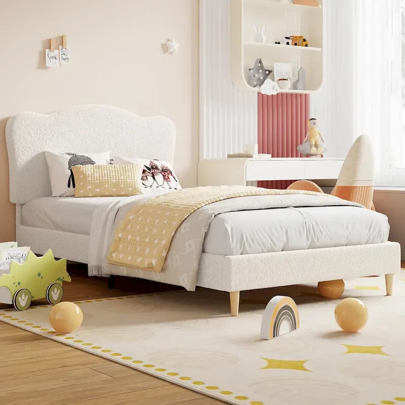Cama Plataforma Sherpa Rosa / Azul / Beige con Cabecero – Individual (1 Persona)