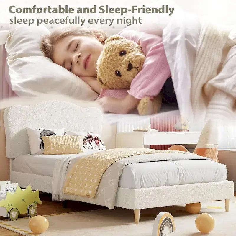 Cama Plataforma Sherpa Rosa / Azul / Beige con Cabecero – Individual (1 Persona)