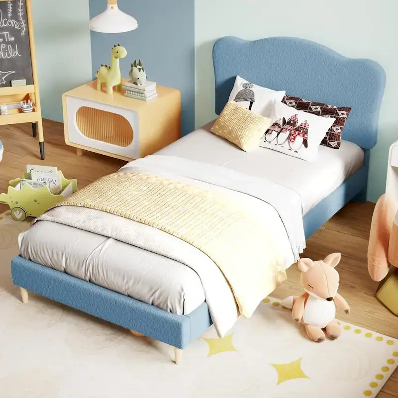 Cama Plataforma Sherpa Rosa / Azul / Beige con Cabecero – Individual (1 Persona)