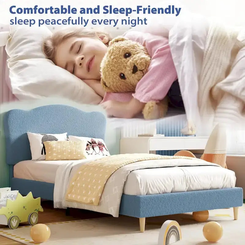 Cama Plataforma Sherpa Rosa / Azul / Beige con Cabecero – Individual (1 Persona)