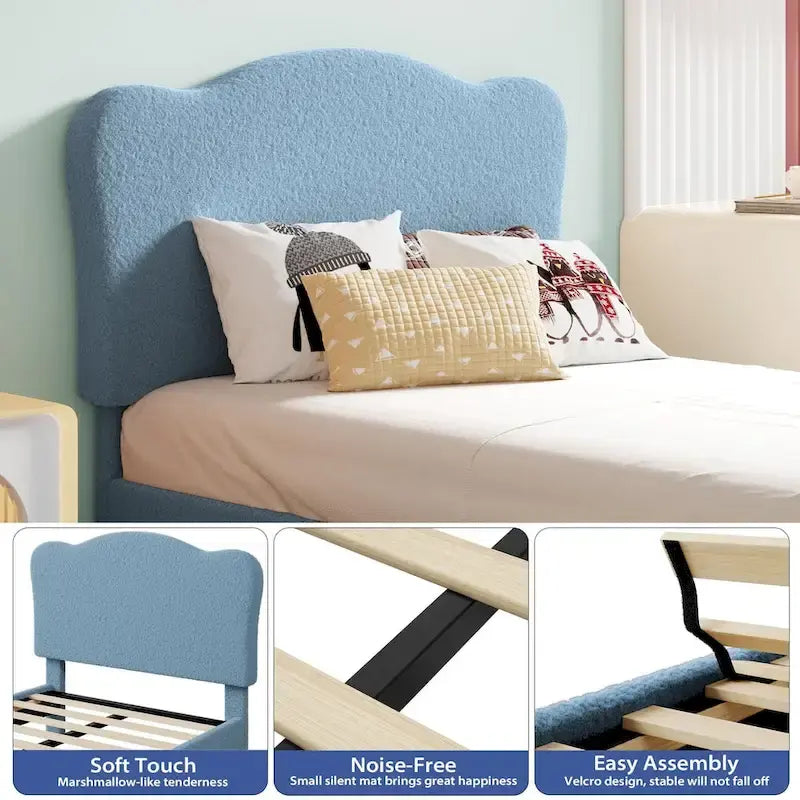 Cama Plataforma Sherpa Rosa / Azul / Beige con Cabecero – Individual (1 Persona)