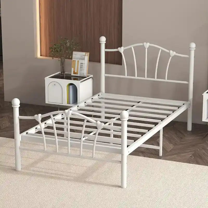 Estructura de cama de plataforma de metal blanca, tamaño twin, con cabecera de corazón – 1 persona