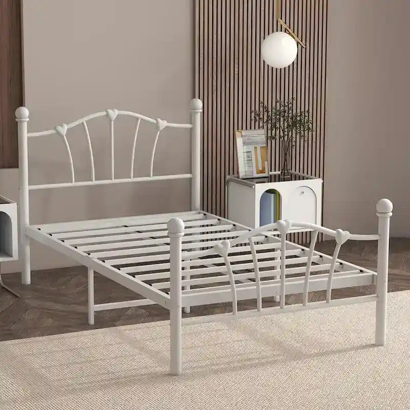 Estructura de cama de plataforma de metal blanca, tamaño twin, con cabecera de corazón – 1 persona