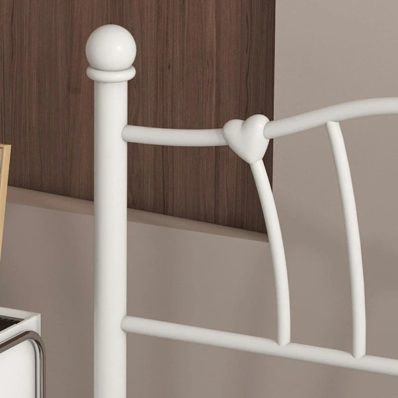 Estructura de cama de plataforma de metal blanca, tamaño twin, con cabecera de corazón – 1 persona