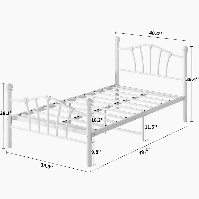 Estructura de cama de plataforma de metal blanca, tamaño twin, con cabecera de corazón – 1 persona