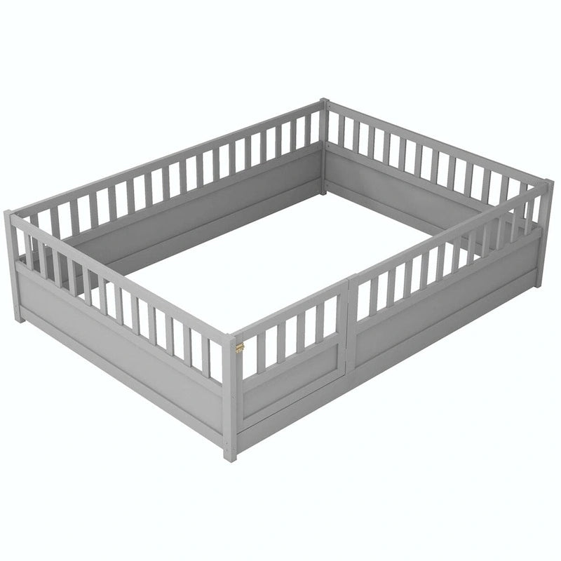 Cama con estructura de pino blanco/gris y barandilla de seguridad – 1 persona (matrimonial/individual)