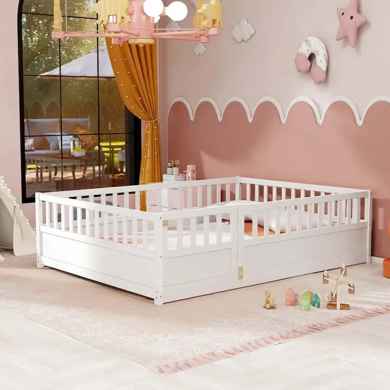 Cama con estructura de pino blanco/gris y barandilla de seguridad – 1 persona (matrimonial/individual)