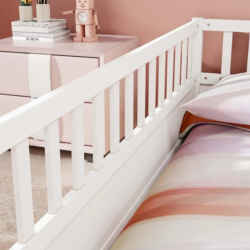 Cama con estructura de pino blanco/gris y barandilla de seguridad – 1 persona (matrimonial/individual)