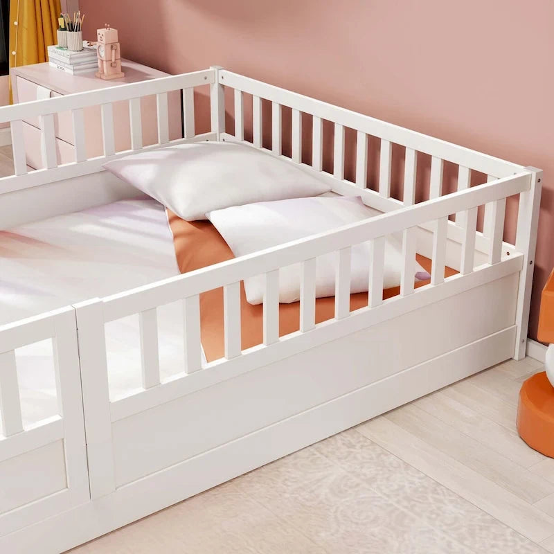 Cama con estructura de pino blanco/gris y barandilla de seguridad – 1 persona (matrimonial/individual)