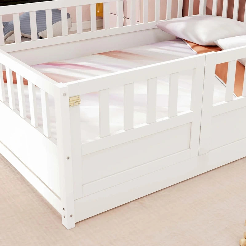 Cama con estructura de pino blanco/gris y barandilla de seguridad – 1 persona (matrimonial/individual)