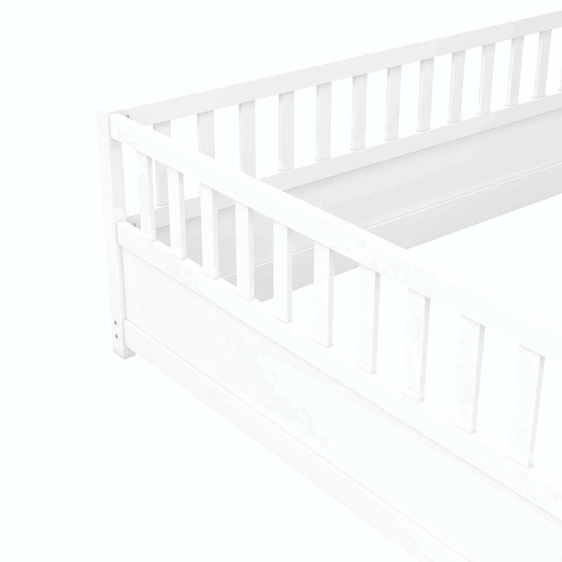 Cama con estructura de pino blanco/gris y barandilla de seguridad – 1 persona (matrimonial/individual)