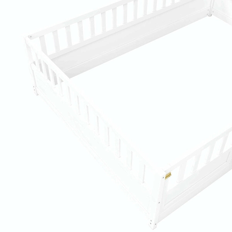 Cama con estructura de pino blanco/gris y barandilla de seguridad – 1 persona (matrimonial/individual)