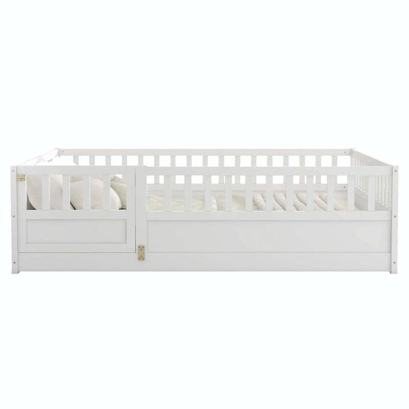 Cama con estructura de pino blanco/gris y barandilla de seguridad – 1 persona (matrimonial/individual)