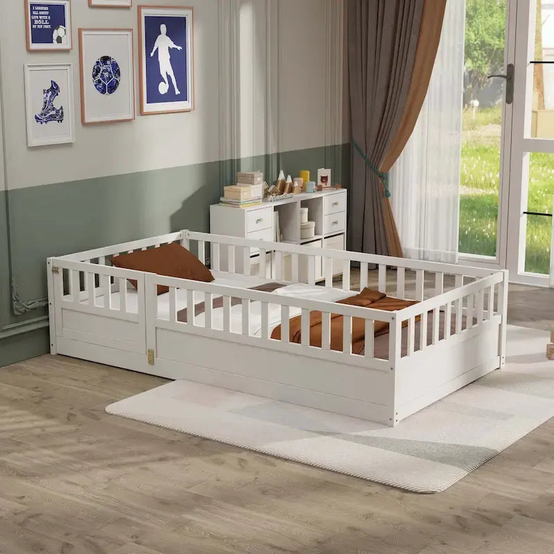 Cama con estructura de pino blanco/gris y barandilla de seguridad – 1 persona (matrimonial/individual)