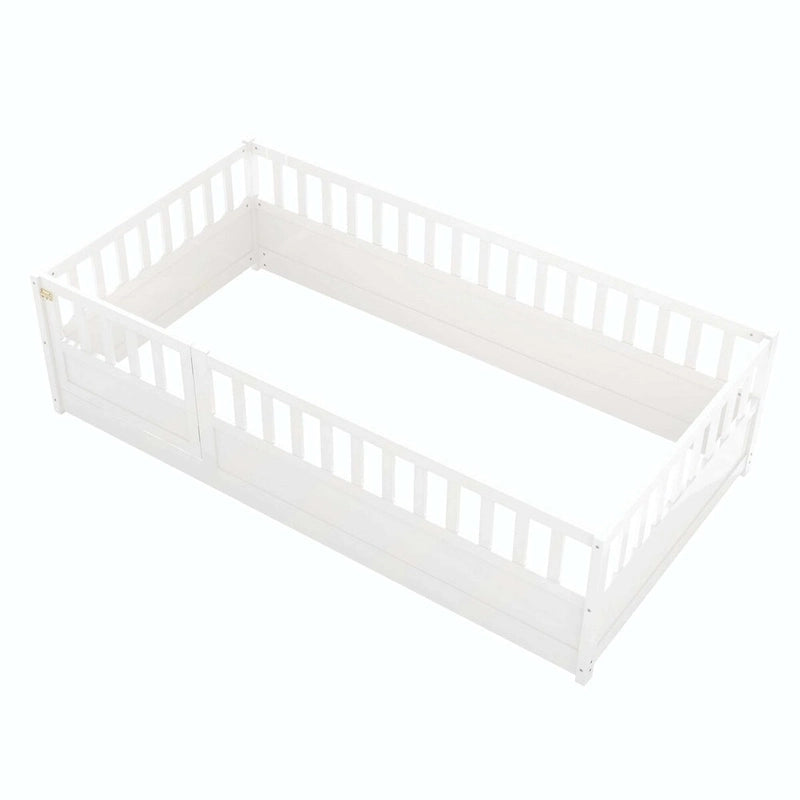 Cama con estructura de pino blanco/gris y barandilla de seguridad – 1 persona (matrimonial/individual)