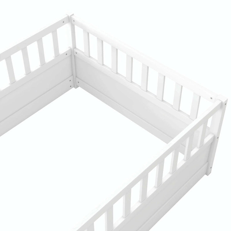 Cama con estructura de pino blanco/gris y barandilla de seguridad – 1 persona (matrimonial/individual)