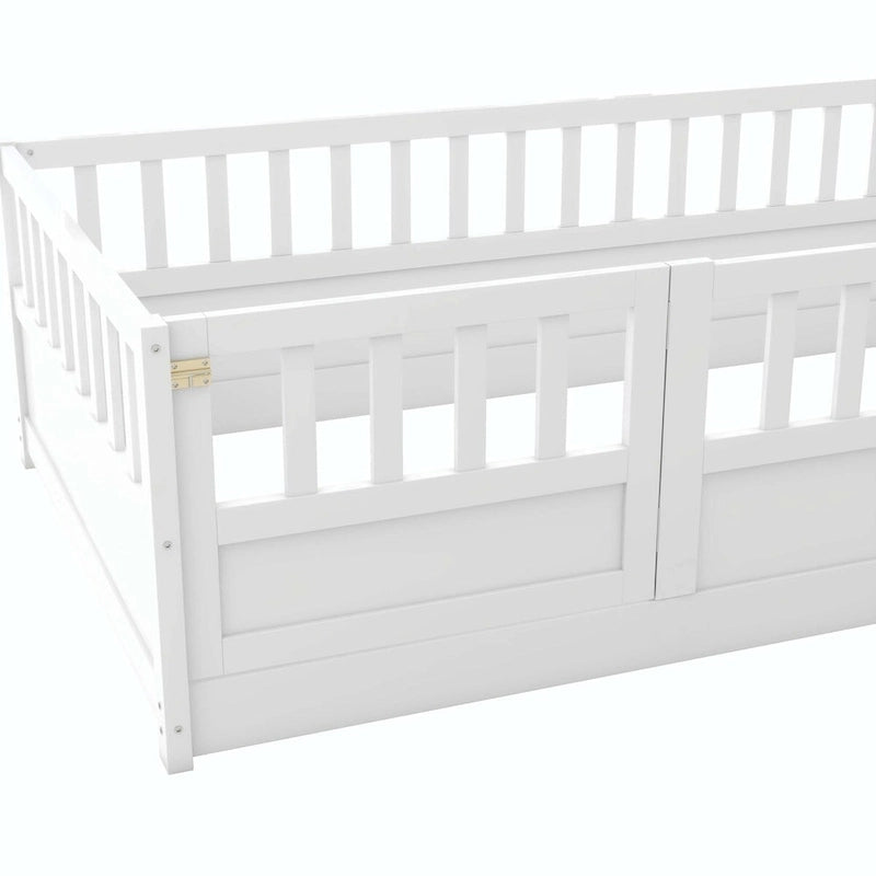 Cama con estructura de pino blanco/gris y barandilla de seguridad – 1 persona (matrimonial/individual)