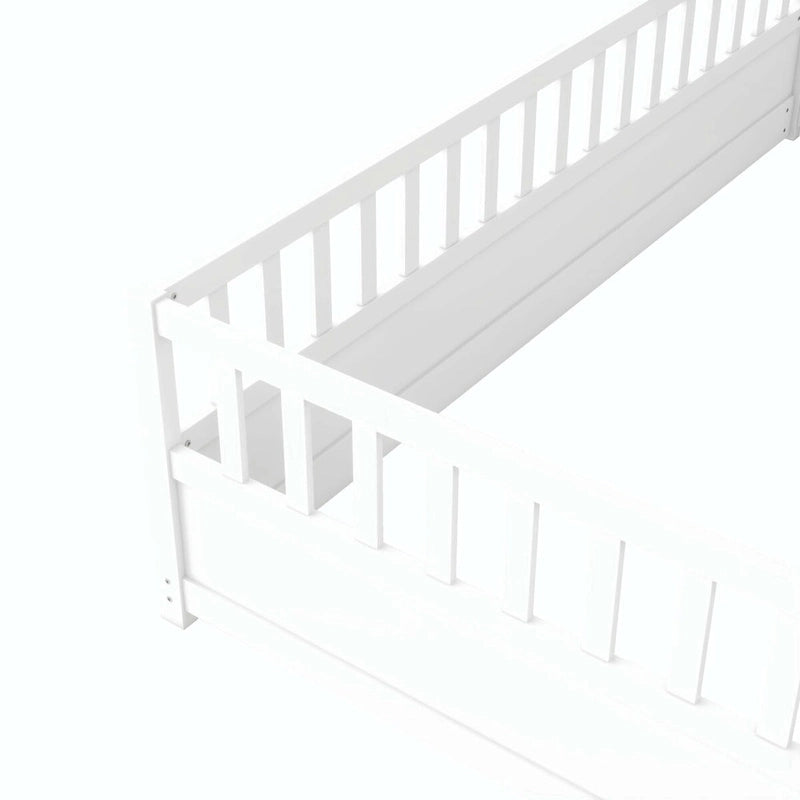 Cama con estructura de pino blanco/gris y barandilla de seguridad – 1 persona (matrimonial/individual)