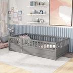 Cama con estructura de pino blanco/gris y barandilla de seguridad – 1 persona (matrimonial/individual)