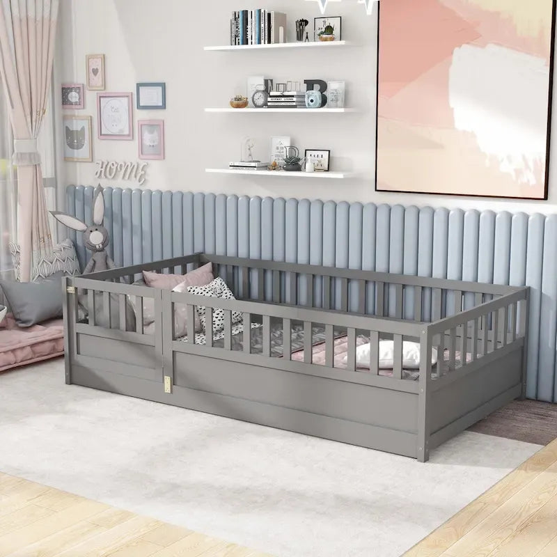 Cama con estructura de pino blanco/gris y barandilla de seguridad – 1 persona (matrimonial/individual)