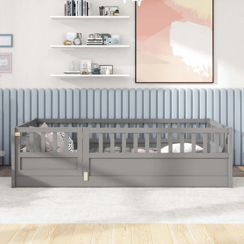 Cama con estructura de pino blanco/gris y barandilla de seguridad – 1 persona (matrimonial/individual)