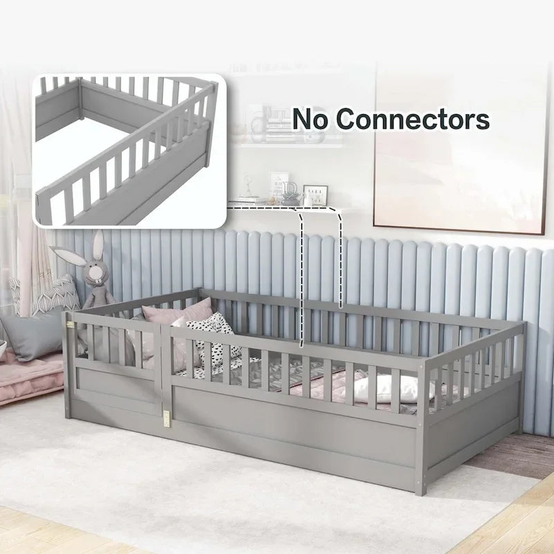 Cama con estructura de pino blanco/gris y barandilla de seguridad – 1 persona (matrimonial/individual)
