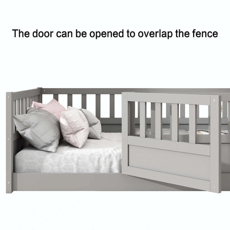 Cama con estructura de pino blanco/gris y barandilla de seguridad – 1 persona (matrimonial/individual)